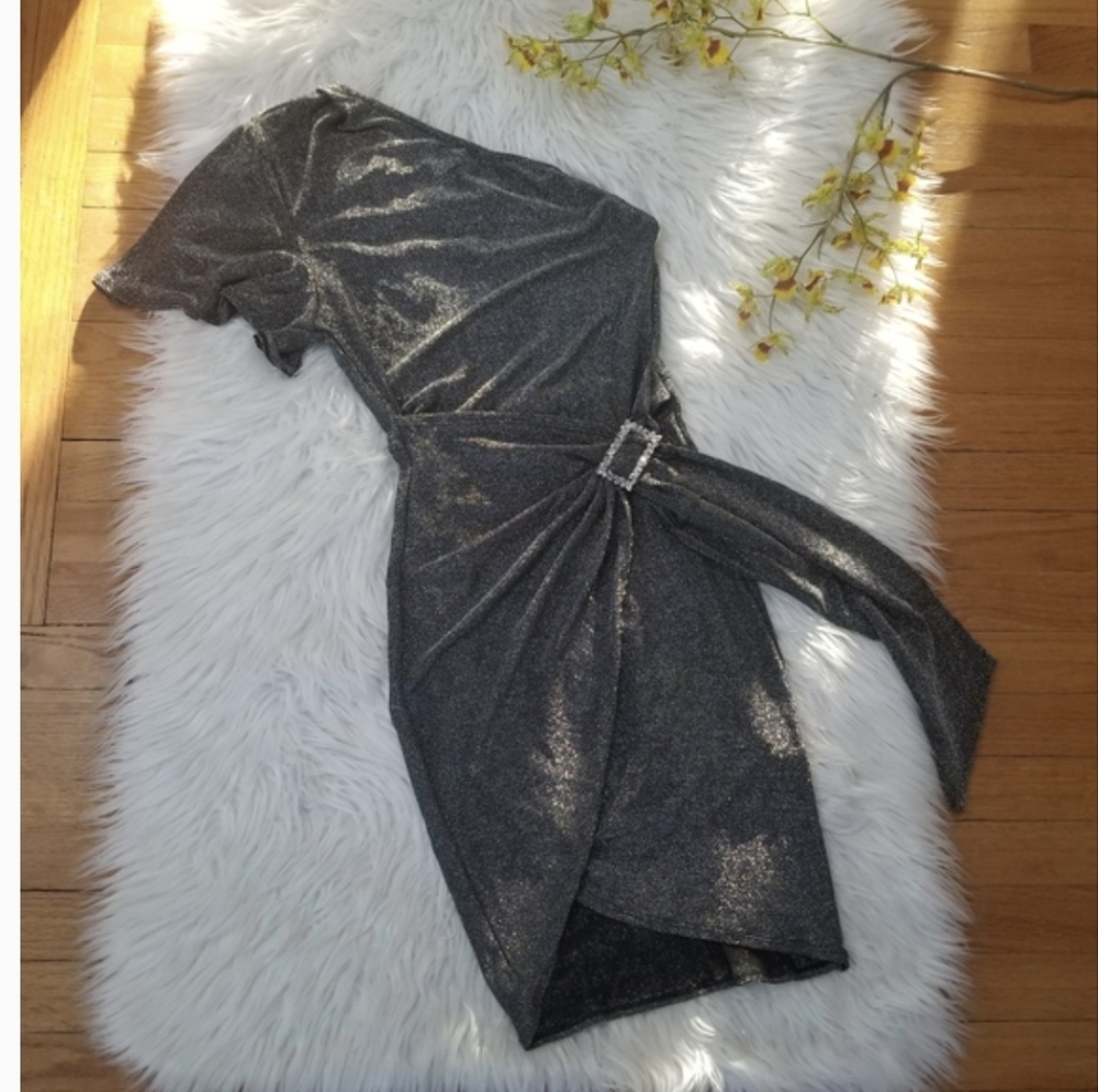 SHEIN Silver Glitter Asymmetrical Mini Dress Size S, Stretchy.